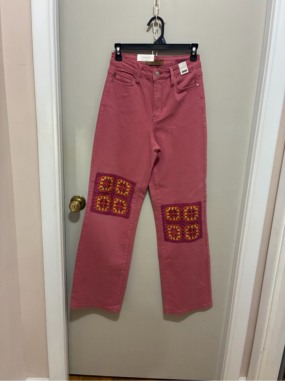 Judy Blue Rose-Pink Straight Leg Jeans with Crochet Patchwork